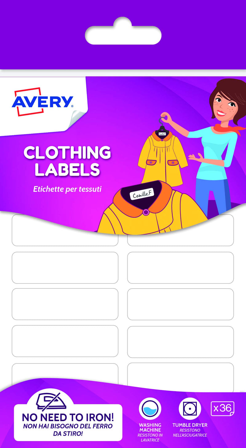 Avery Clothing Labels, Name Labels, Stick on School Labels, no Ironing or Sewing, 45 x 13 mm, 36 Labels Per Pack