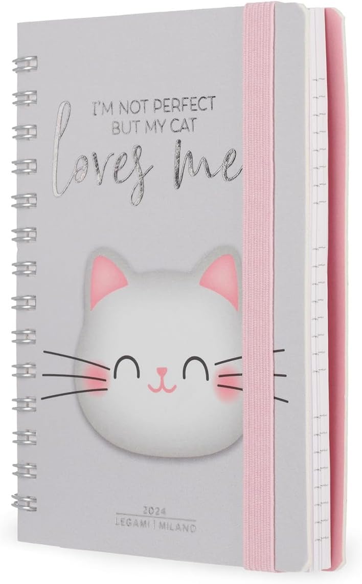 Legami - Small Spiral Weekly Calendar, 12 Months, from January 2024 to December 2024, Folding Planner 2024/2025, Elastic Closure, Final Pocket, Address Book, 8.5x13 cm, Kitty Theme