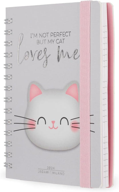Legami - Small Spiral Weekly Calendar, 12 Months, from January 2024 to December 2024, Folding Planner 2024/2025, Elastic Closure, Final Pocket, Address Book, 8.5x13 cm, Kitty Theme