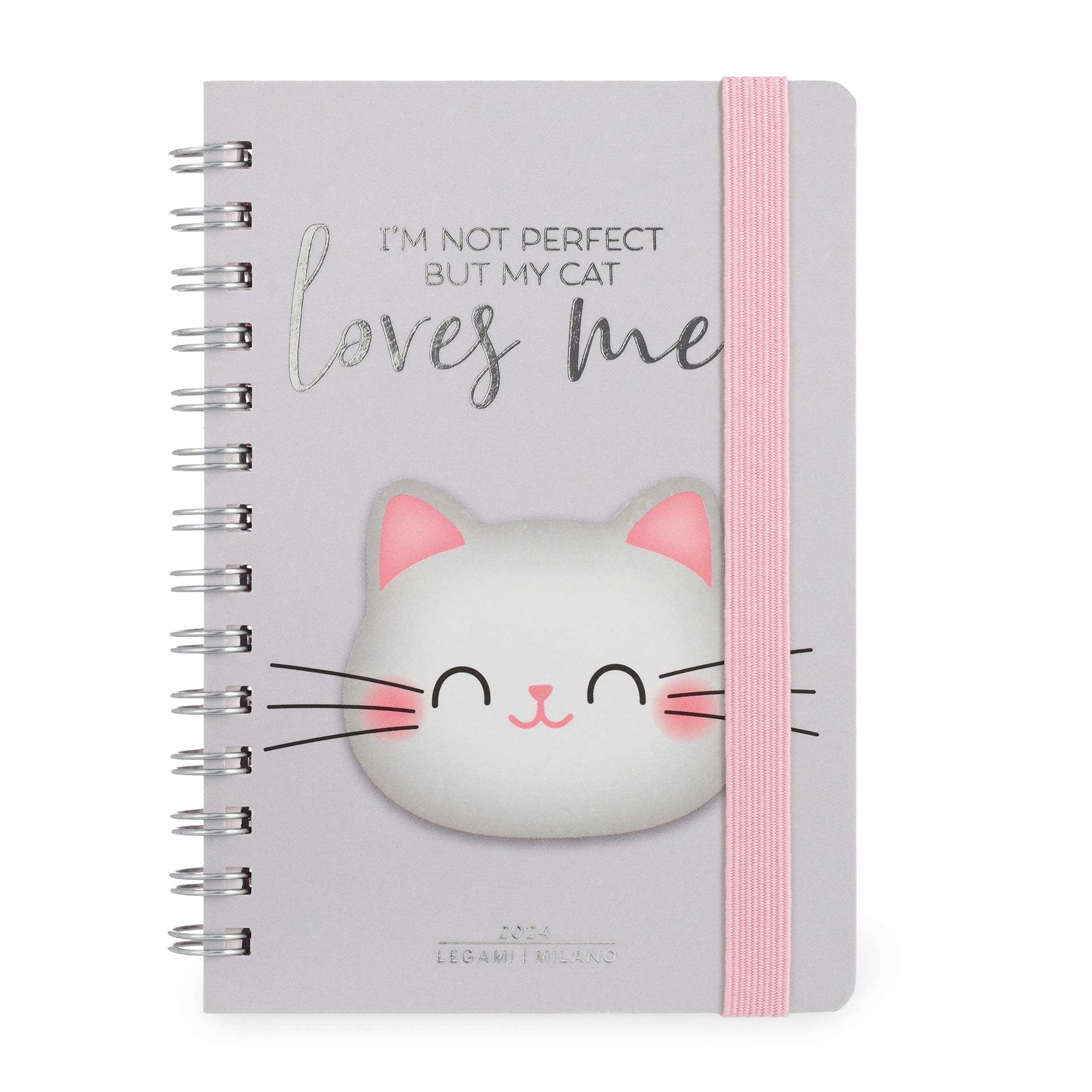 Legami - Small Spiral Weekly Calendar, 12 Months, from January 2024 to December 2024, Folding Planner 2024/2025, Elastic Closure, Final Pocket, Address Book, 8.5x13 cm, Kitty Theme