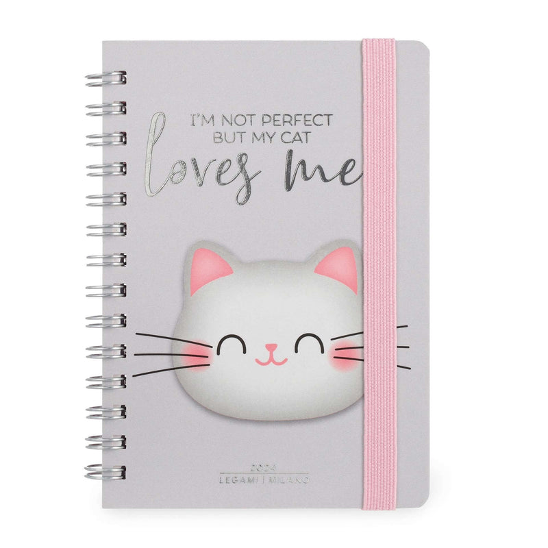 Legami - Small Spiral Weekly Calendar, 12 Months, from January 2024 to December 2024, Folding Planner 2024/2025, Elastic Closure, Final Pocket, Address Book, 8.5x13 cm, Kitty Theme