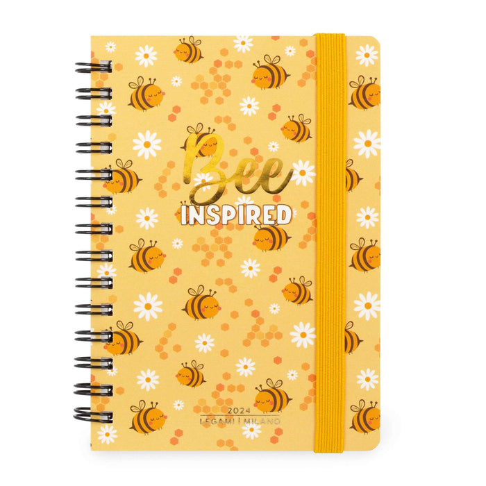 Legami - Spiral Weekly Diary Small, 12 Months, from January 2024 to December 2024, Folding Planner 2024/2025, Elastic Closure, Final Pocket, Address Book, 8.5x13 cm, Bee Theme