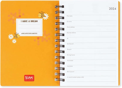 Legami - Spiral Weekly Diary Small, 12 Months, from January 2024 to December 2024, Folding Planner 2024/2025, Elastic Closure, Final Pocket, Address Book, 8.5x13 cm, Bee Theme