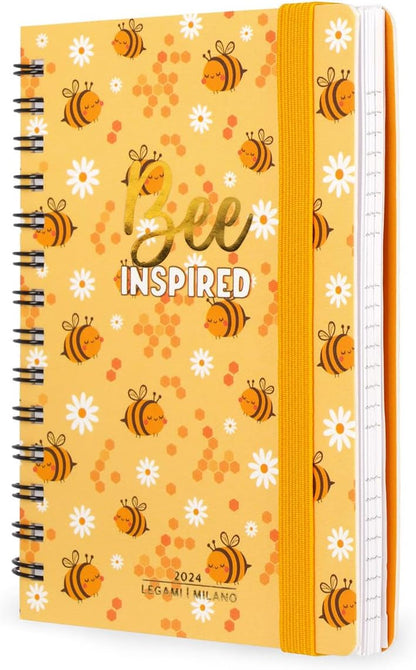 Legami - Spiral Weekly Diary Small, 12 Months, from January 2024 to December 2024, Folding Planner 2024/2025, Elastic Closure, Final Pocket, Address Book, 8.5x13 cm, Bee Theme