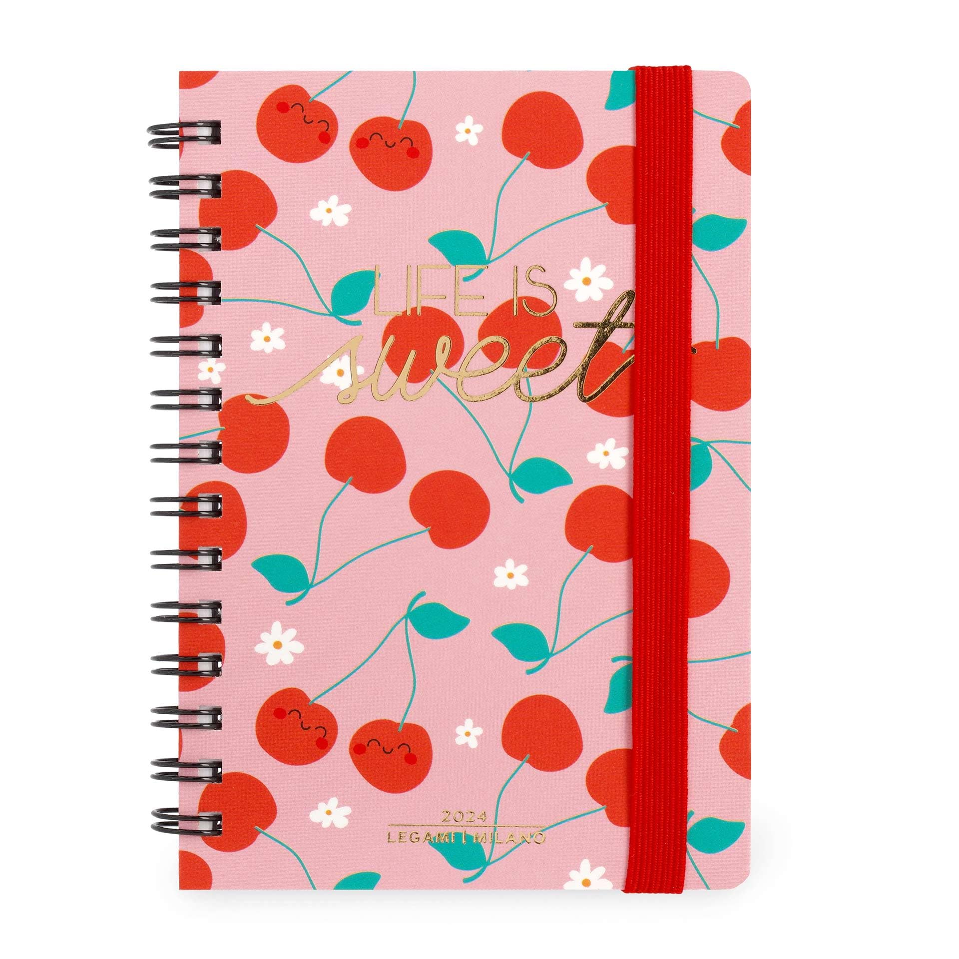 Legami - Spiral Weekly Diary Small, 12 Months, from January 2024 to December 2024, Folding Planner 2024/2025, Elastic Closure, Final Pocket, Address Book, 8.5x13 cm, Cherry Theme