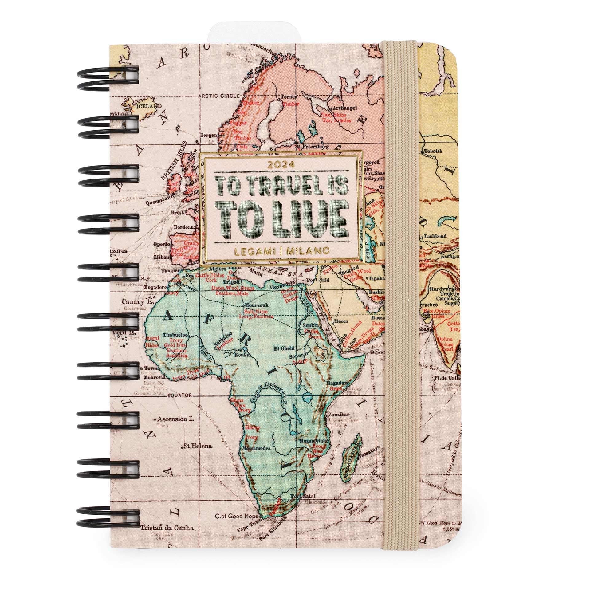 Legami - Small Spiral Daily Diary, 12 Months, from January 2024 to December 2024, Folding Planner 2024/2025, Elastic Closure, Final Pocket, Address Book, 8.5x13 cm, Travel Theme