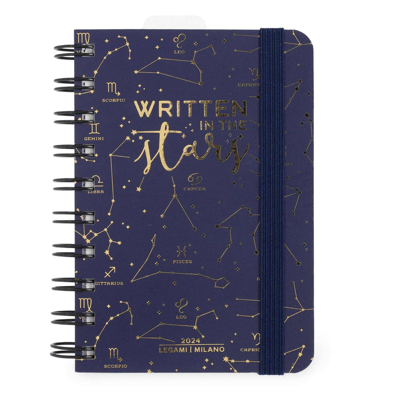 Legami - Small Spiral Daily Diary, 12 Months, from January 2024 to December 2024, Folding Planner 2024/2025, Elastic Closure, Final Pocket, Address Book, 8.5x13 cm, Stars Theme