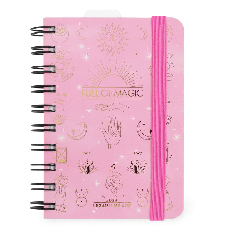 Legami - Small Spiral Daily Diary, 12 Months, from January 2024 to December 2024, Folding Planner 2024/2025, Elastic Closure, Final Pocket, Address Book, 8.5x13 cm, Magic Theme