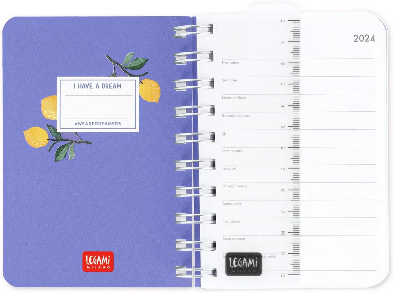 Legami - Small Spiral Daily Diary, 12 Months, from January 2024 to December 2024, Folding Planner 2024/2025, Elastic Closure, Final Pocket, Address Book, 8.5x13 cm, Lemon Theme