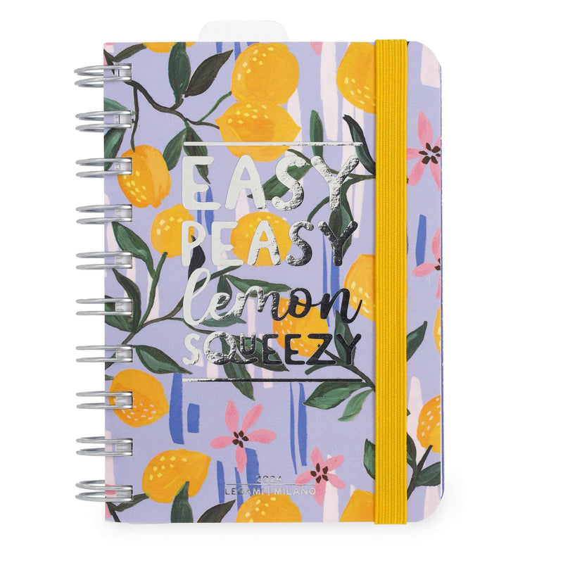 Legami - Small Spiral Daily Diary, 12 Months, from January 2024 to December 2024, Folding Planner 2024/2025, Elastic Closure, Final Pocket, Address Book, 8.5x13 cm, Lemon Theme
