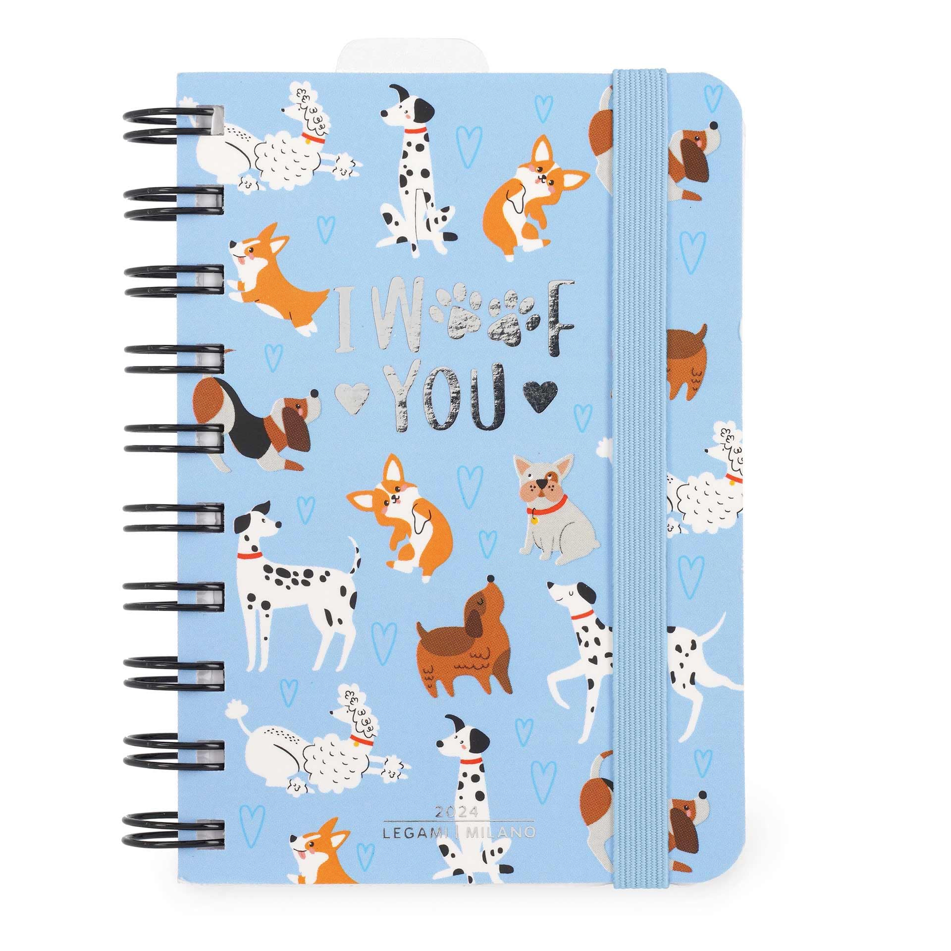 Legami - Small Spiral Daily Diary, 12 Months, from January 2024 to December 2024, Folding Planner 2024/2025, Elastic Closure, Final Pocket, Address Book, 8.5x13 cm, Dogs Theme