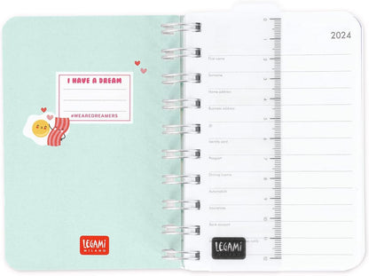 Legami - Small Spiral Daily Diary, 12 Months, from January 2024 to December 2024, Folding Planner 2024/2025, Elastic Closure, Final Pocket, Address Book, 8.5x13 cm, Egg Theme