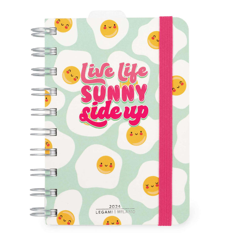 Legami - Small Spiral Daily Diary, 12 Months, from January 2024 to December 2024, Folding Planner 2024/2025, Elastic Closure, Final Pocket, Address Book, 8.5x13 cm, Egg Theme