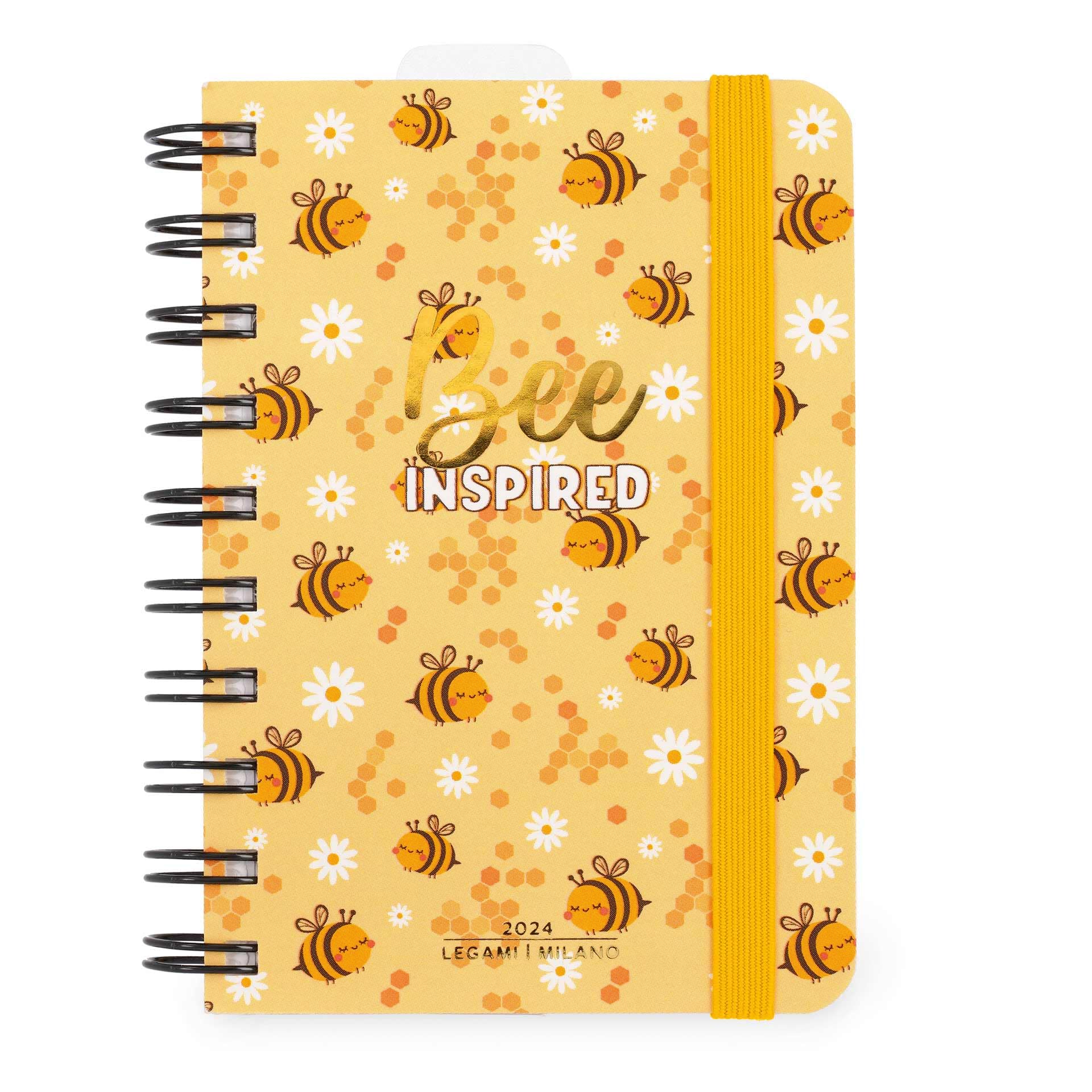 Legami - Small Spiral Daily Diary, 12 Months, from January 2024 to December 2024, Folding Planner 2024/2025, Elastic Closure, Final Pocket, Address Book, 8.5x13 cm, Bee Theme