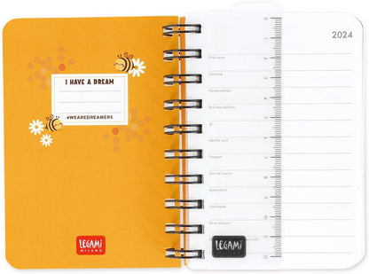 Legami - Small Spiral Daily Diary, 12 Months, from January 2024 to December 2024, Folding Planner 2024/2025, Elastic Closure, Final Pocket, Address Book, 8.5x13 cm, Bee Theme