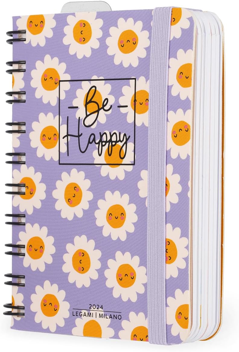 Legami - Small Spiral Daily Diary, 12 Months, from January 2024 to December 2024, Folding Planner 2024/2025, Elastic Closure, Final Pocket, Address Book, 8.5x13 cm, Daisy Theme