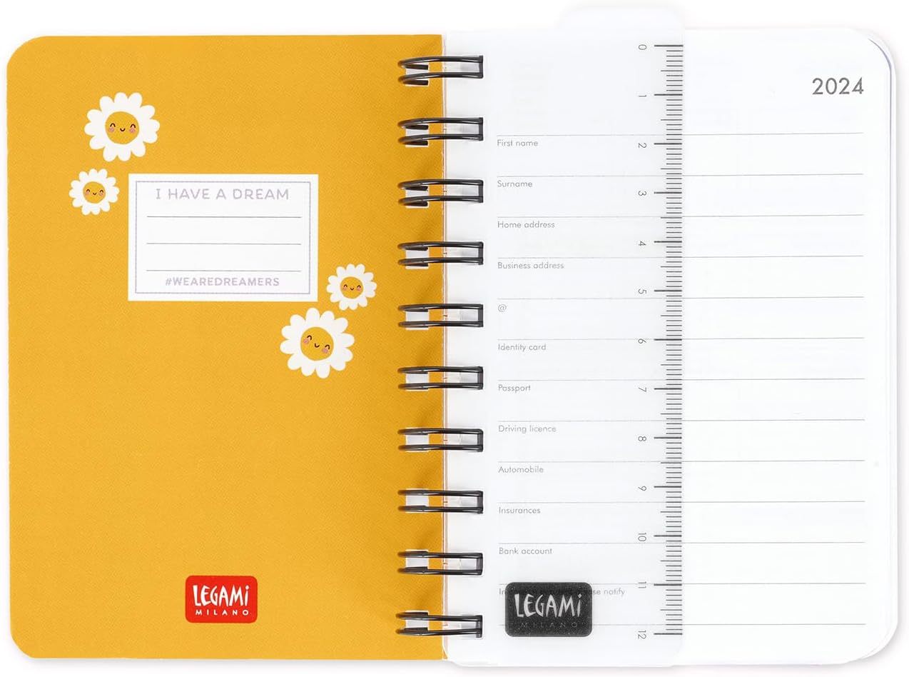 Legami - Small Spiral Daily Diary, 12 Months, from January 2024 to December 2024, Folding Planner 2024/2025, Elastic Closure, Final Pocket, Address Book, 8.5x13 cm, Daisy Theme