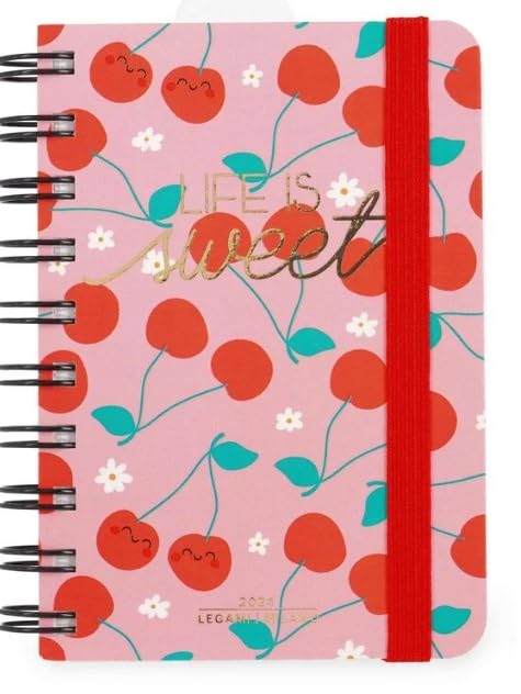 Legami - Small Spiral Daily Diary, 12 Months, from January 2024 to December 2024, Folding Planner 2024/2025, Elastic Closure, Final Pocket, Address Book, 8.5x13 cm, Cherry Theme