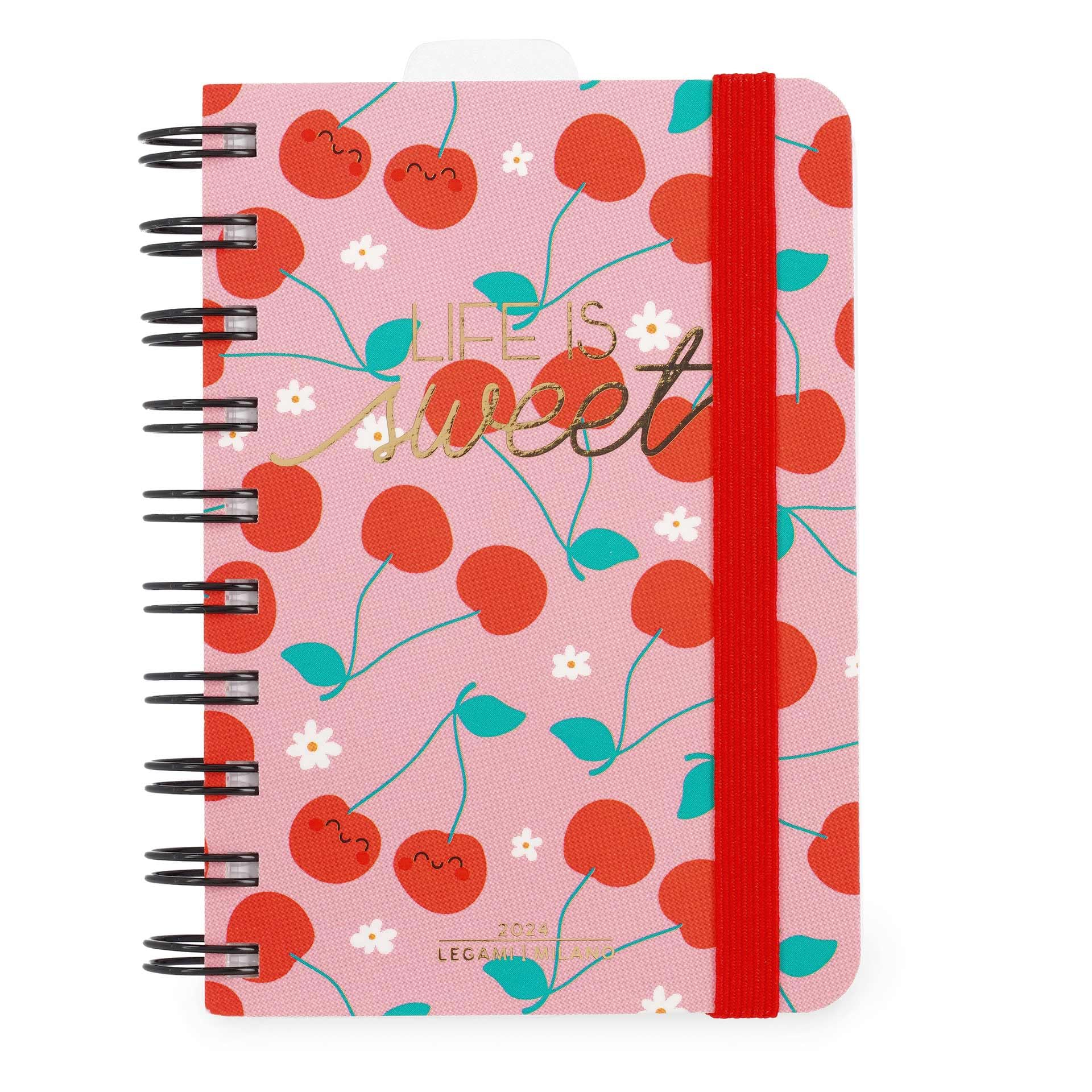 Legami - Small Spiral Daily Diary, 12 Months, from January 2024 to December 2024, Folding Planner 2024/2025, Elastic Closure, Final Pocket, Address Book, 8.5x13 cm, Cherry Theme