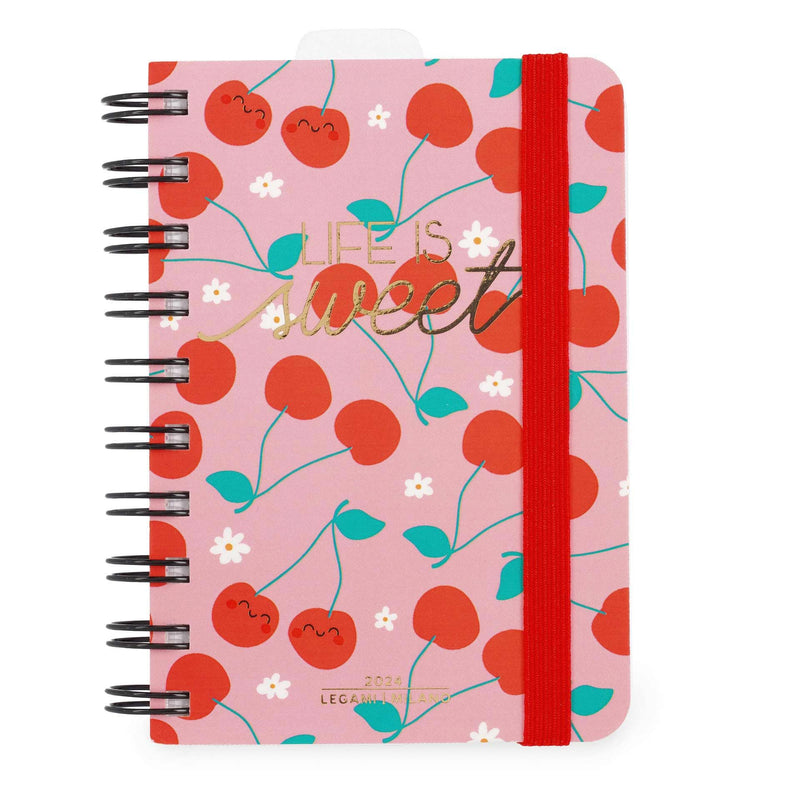 Legami - Small Spiral Daily Diary, 12 Months, from January 2024 to December 2024, Folding Planner 2024/2025, Elastic Closure, Final Pocket, Address Book, 8.5x13 cm, Cherry Theme