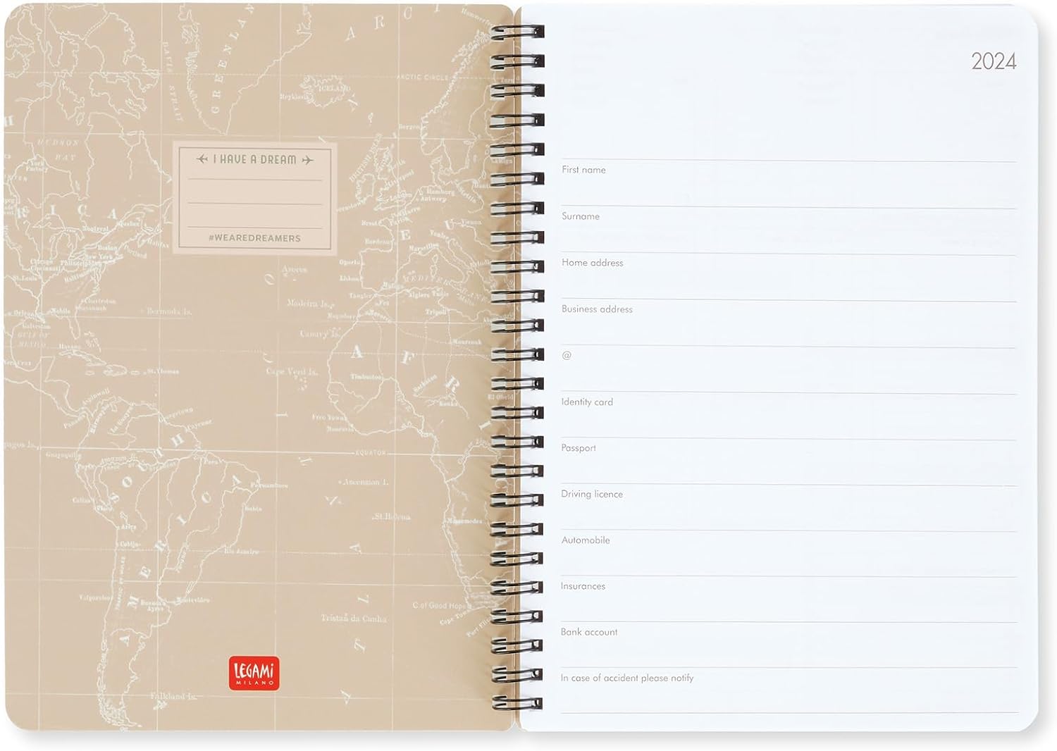 Legami - Large Spiral Weekly Calendar, 12 Months, from January 2024 to December 2024, Folding Planner 2024/2025, Elastic Closure, Final Pocket, Address Book, 15x21 cm, Travel Theme