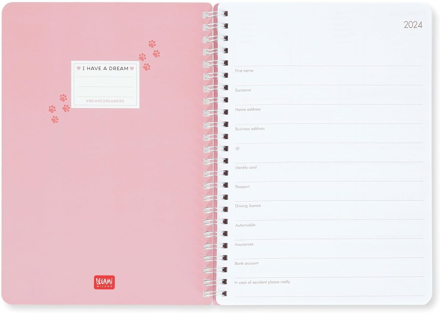 Legami - Large Spiral Weekly Calendar, 12 Months, from January 2024 to December 2024, Folding Planner 2024/2025, Elastic Closure, Final Pocket, Address Book, 15x21 cm, Kitty Theme KITTY file