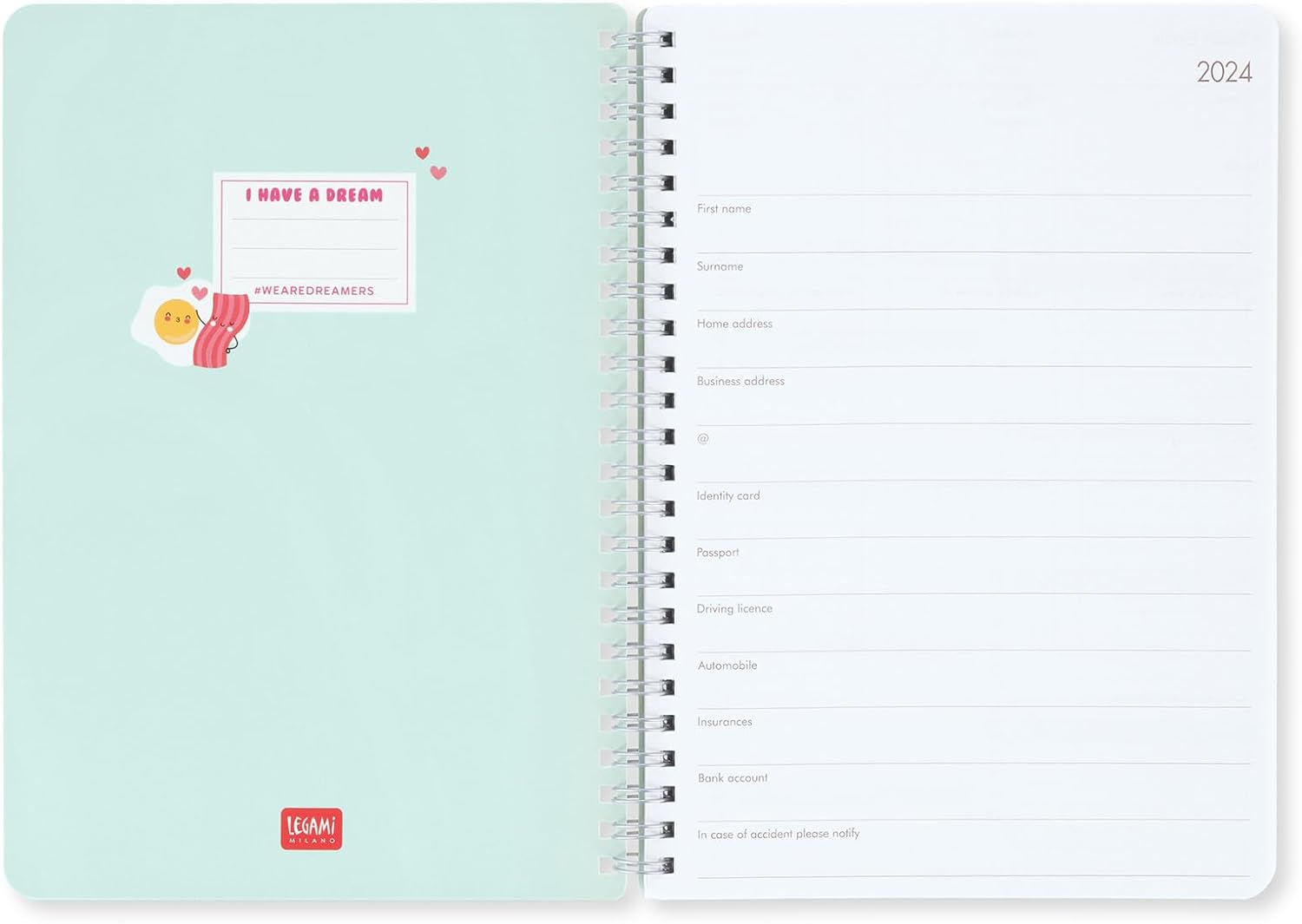 Legami - Large Spiral Weekly Calendar, 12 Months, from January 2024 to December 2024, Folding Planner 2024/2025, Elastic Closure, Final Pocket, Address Book, 15x21 cm, Egg Theme EGG files