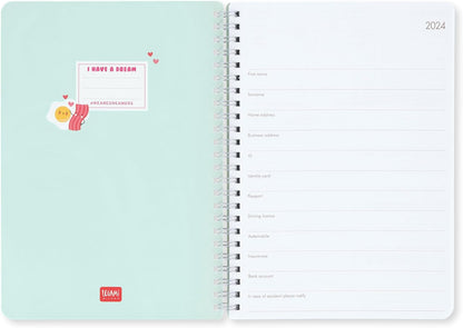 Legami - Large Spiral Weekly Calendar, 12 Months, from January 2024 to December 2024, Folding Planner 2024/2025, Elastic Closure, Final Pocket, Address Book, 15x21 cm, Egg Theme EGG files