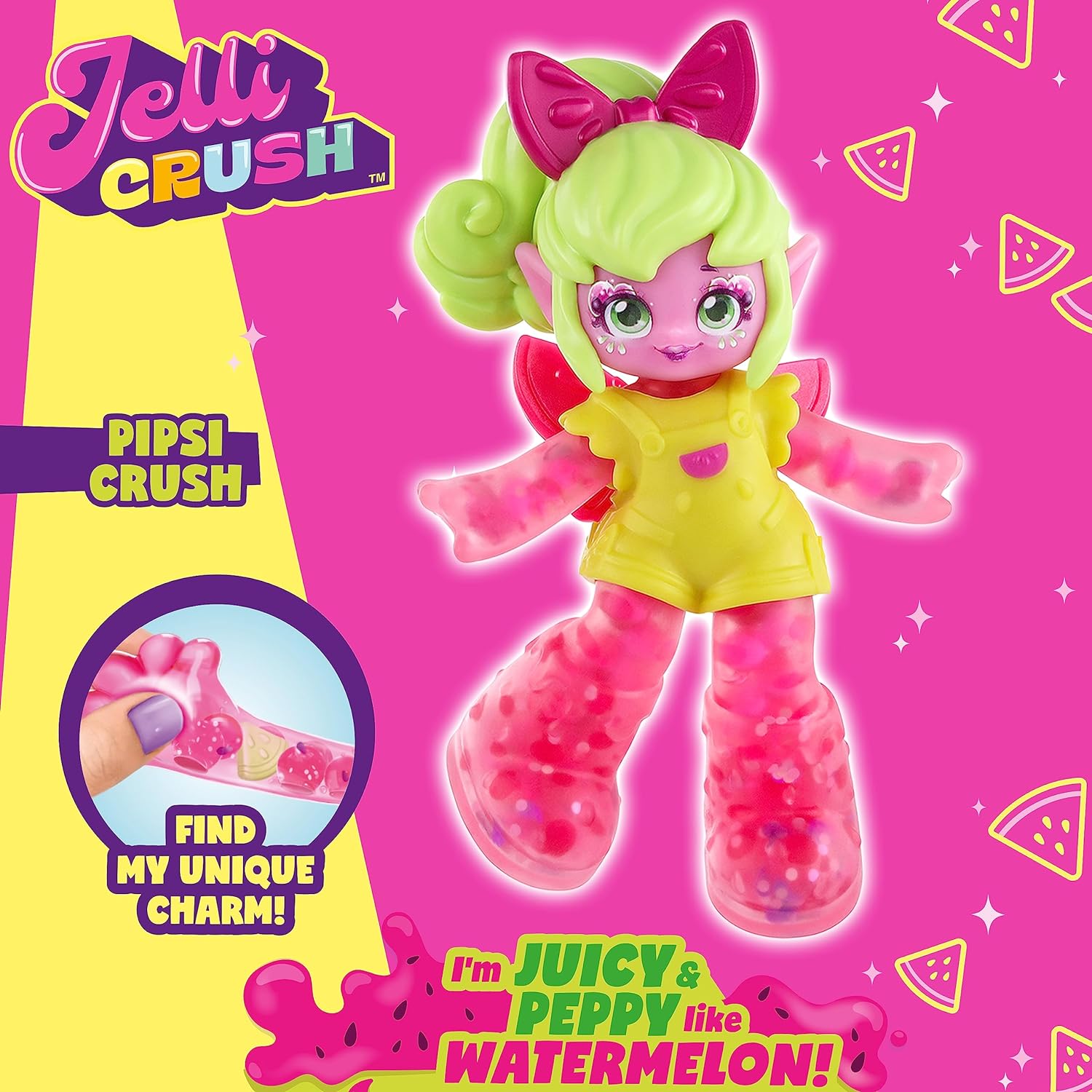 Jelli Crush 18507 Pipsi Crush, Squishy, Smooshy, Stretchy Watermelon Pixie Themed Doll with Unique Charm Inside