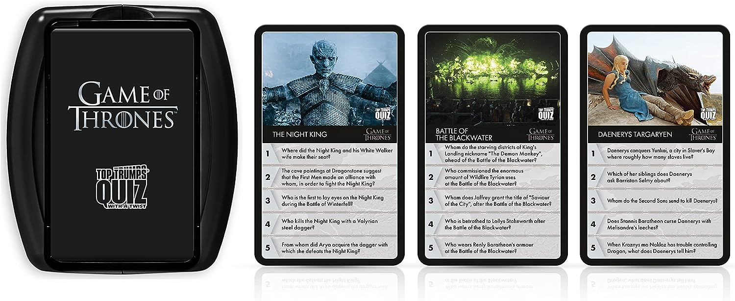 Top Trumps Game of Thrones Quiz Trivia Game, 100 categories to test your knowledge and memory featuring Tyrion Lannister, Cersei Lannister, Arya Stark, Daenerys Targaryen, 2+ player game for ages 18+