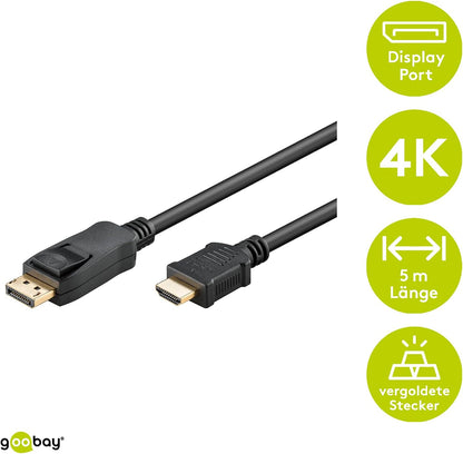 Goobay 51959 DisplayPort/HDMI 1.2 Adapter Cable, Gold, 5 m Cable Length