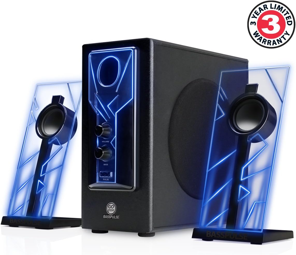 GOgroove BassPULSE 2.1 Computer Speakers with Blue LED Glow Lights and Powered Subwoofer - Gaming Speaker System for Music on Desktop, Laptop, PC with 40 Watts, Heavy Bass Blue and Black