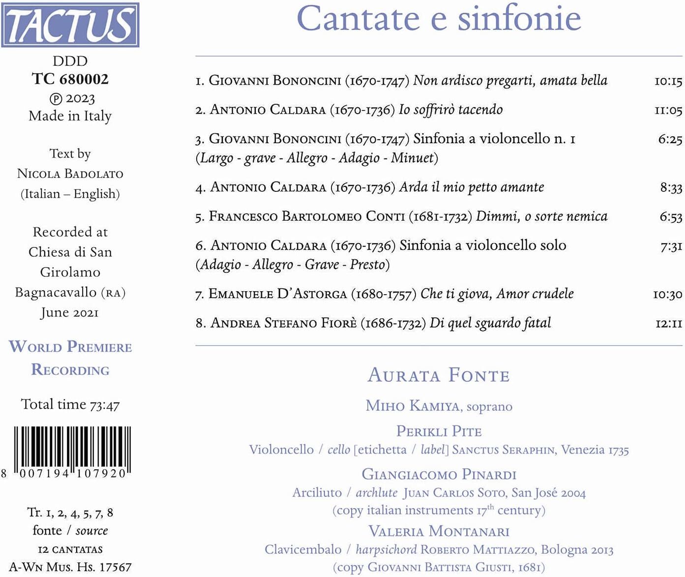 Bononcini/Caldara/Conti/D'Astorga/Fiorè: Cantate E Sinfonie