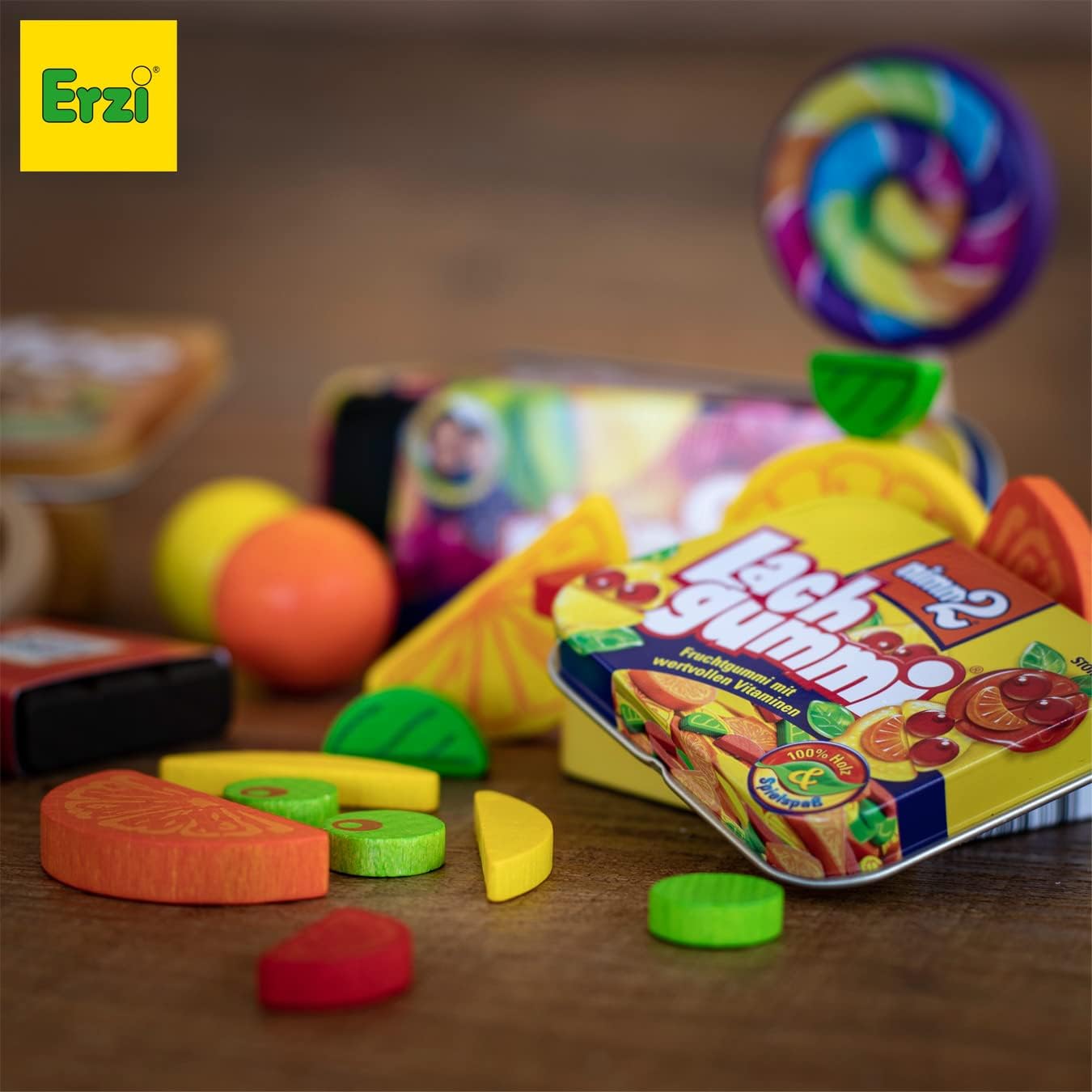 Erzi 14385 Lachgummi Toy in a Tin, Multicoloured