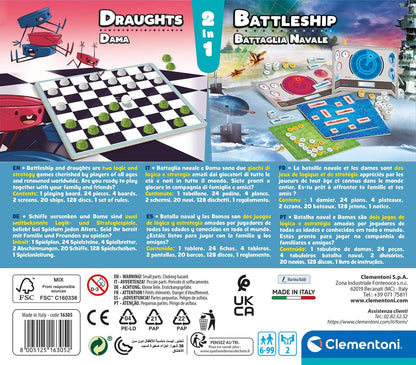 Clementoni Naval Battle + Checkers Table, Society Game for All Family, 2 Players, 6 Years+, Made in Italy, Multicoloured, 16305