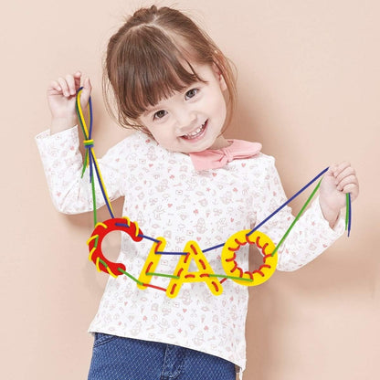 Quercetti Play Montessori Toys - Lacing ABC + 123-53-Piece Set Includes Numbers, Letters, Laces and Coloring Book to Help Kids Develop Early Language and Fine Motor Skills, for Ages 3-7 Years