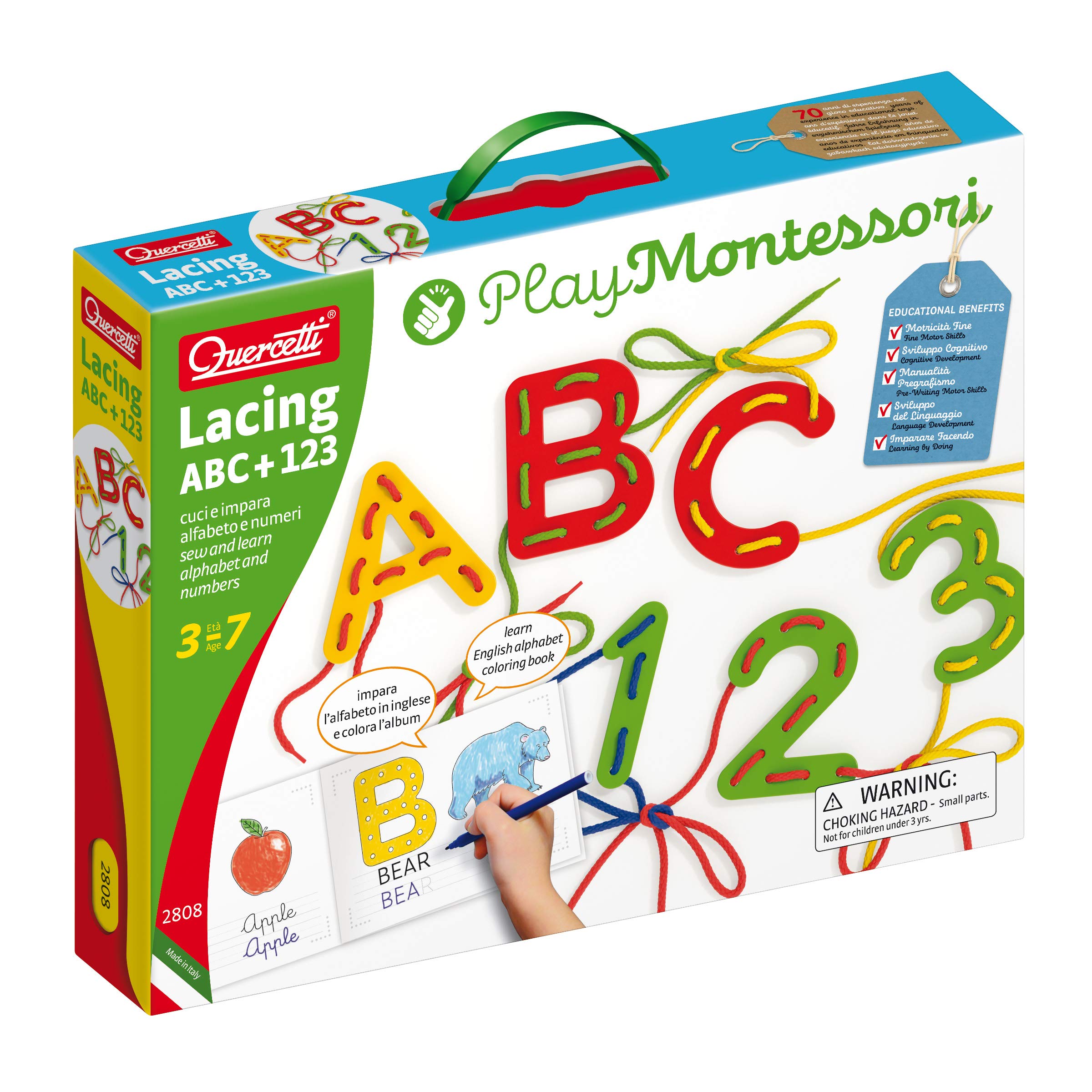 Quercetti Play Montessori Toys - Lacing ABC + 123-53-Piece Set Includes Numbers, Letters, Laces and Coloring Book to Help Kids Develop Early Language and Fine Motor Skills, for Ages 3-7 Years