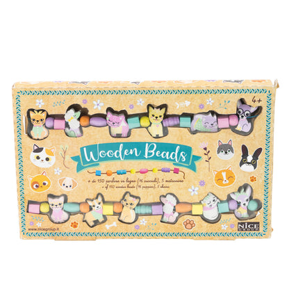 PERLINE ABC Nice Group Wooden Beads, Wooden Beads, Puppies Set with 16 Animals Charms for Children, Bracelet and Necklace Kit