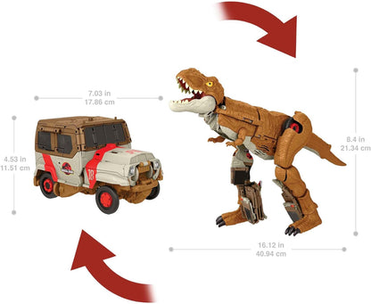 Jurassic World Transforming Toy, Tyrannosaurus T Rex Dinosaur to Off Road Truck Vehicle, 28-Step Fierce Changers Chase N Roar, 2 in 1 Figure