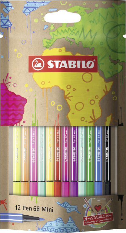 Premium Felt Tip Pen - STABILO Pen 68 Mini - #MySTABILOdesign - Pouch of 12 - Assorted Colours 4-6 Mini Assorted