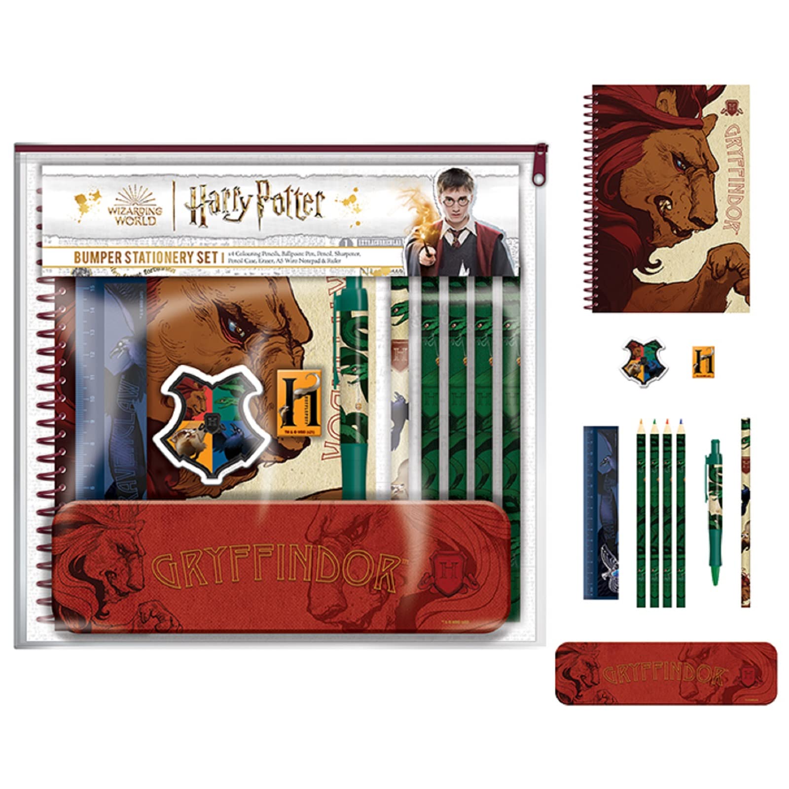HARRY POTTER 11-Piece Stationery Set, Hogwarts Houses Design - Official Merchandise