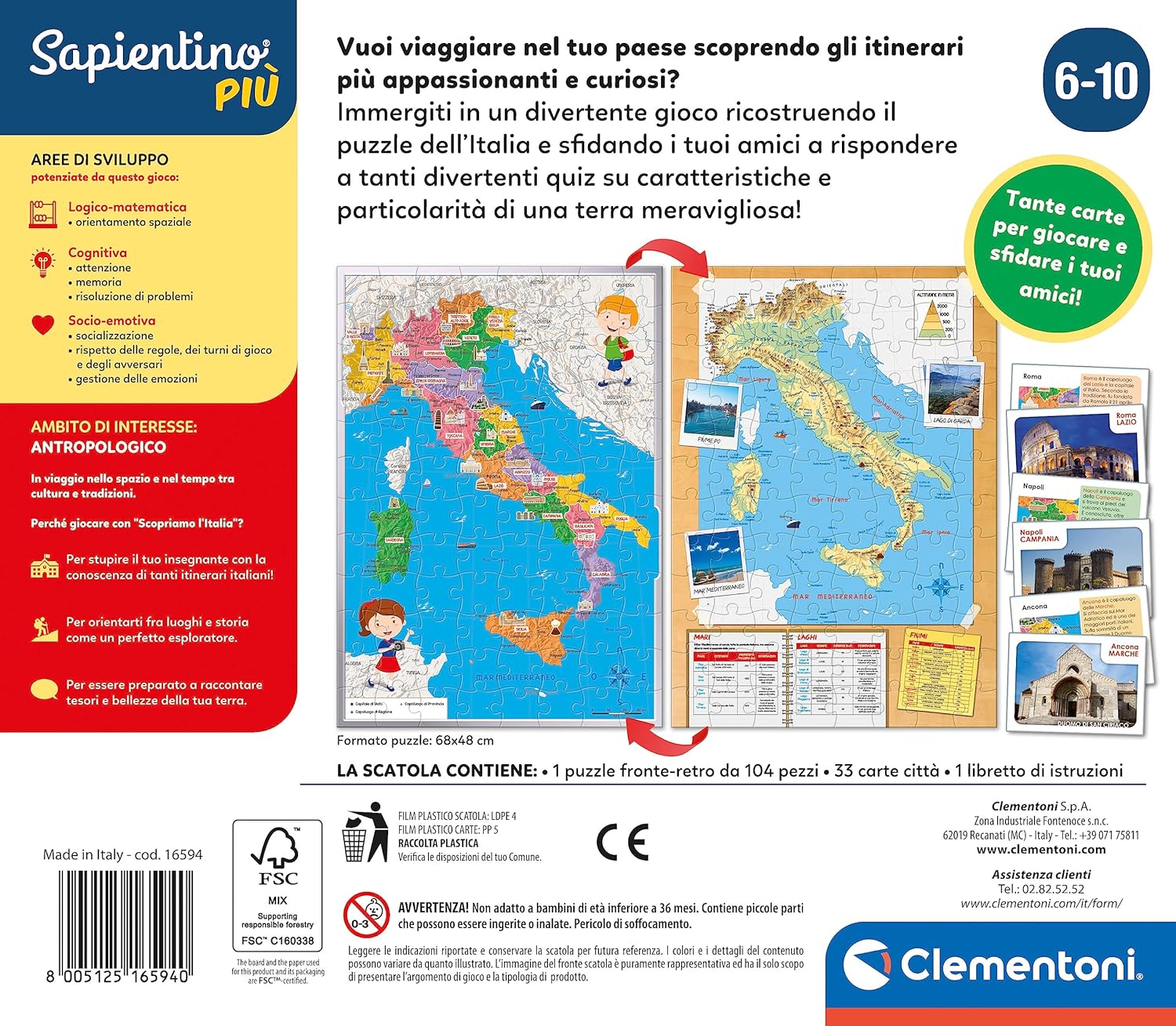 Clementoni 16594 Sapientino Più-Discover Smart-Puzzle Map Physics and Politics Educational 6 Years, Geography Game Children, Made in Italy, English