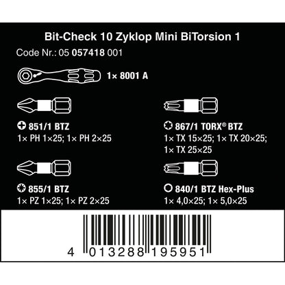 Wera Bit-Check 10 Zyklop Mini BiTorsion 1 Set, 10 Piece,7.6 x 2.5 x 12.7 cm