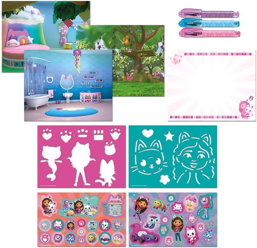 TM ESSENTIALS Gabby's Designer Book - Juego de pintura para niños con libro de dibujo, lápices y pegatinas, juego creativo con plantillas y asa de transporte