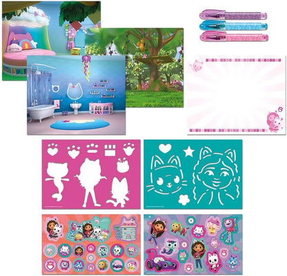 TM ESSENTIALS Gabby's Designer Book - Juego de pintura para niños con libro de dibujo, lápices y pegatinas, juego creativo con plantillas y asa de transporte