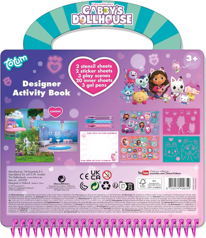 TM ESSENTIALS Gabby's Designer Book - Juego de pintura para niños con libro de dibujo, lápices y pegatinas, juego creativo con plantillas y asa de transporte