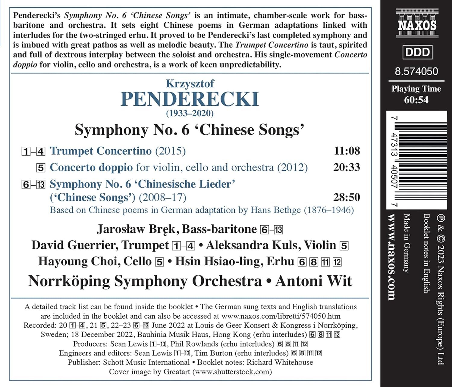 Penderecki: Symphony No. 6 'Chinese Songs'/Trumpet Concertino/...