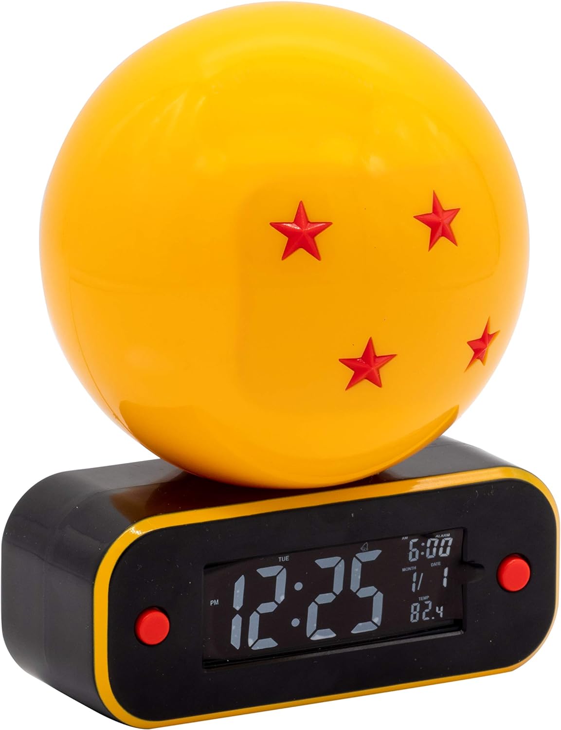 Teknofun - Reloj Despertador Inalámbrico Dragon Ball Z - Bola de Cristal - Multifunción - Da Tiempo, Música y Decoración - Amarillo, Negro y Naranja- USB