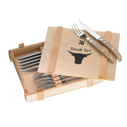 WMF Ranch Steakbesteck 12-teilig, für 6 Personen, Steakgabel, Steakmesser, Spezialklingenstahl geschmiedet, Cromargan Edelstahl mattiert & Ceramill Nature Salz und Pfeffer Mühle Set 2-teilig Set 12-teilig Bundle mit Salz und Pfeffer Mühle Set