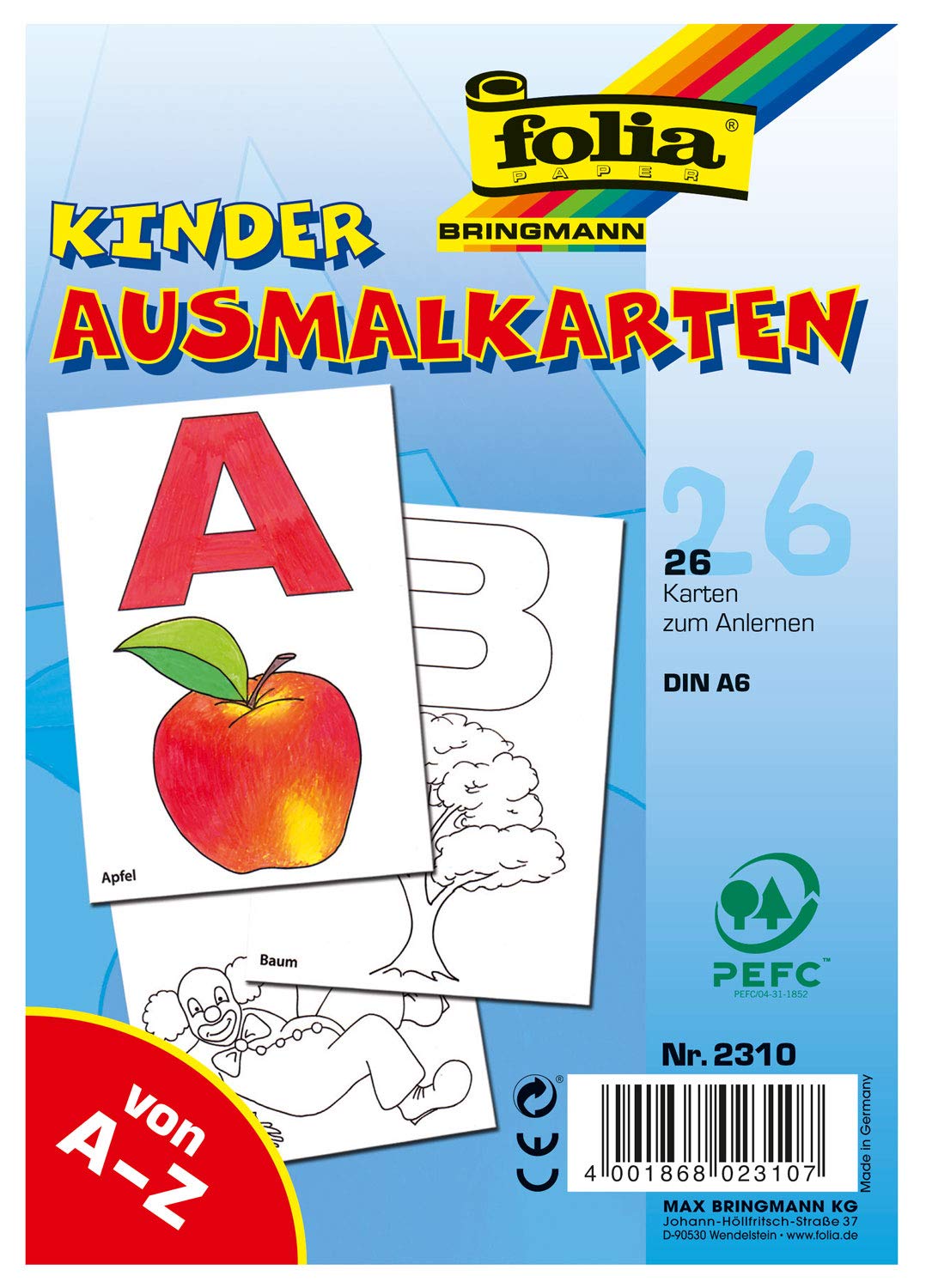 Folia 2310 - Letter Cards, ABC Flashcards for Colouring and Learning, DIN A6, 26 Cards, Ideal as a Gift for Back to School